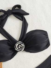 SHEIN Swim Completo da bagno elegante da donna con decorazione floreale 3D, serie nera
