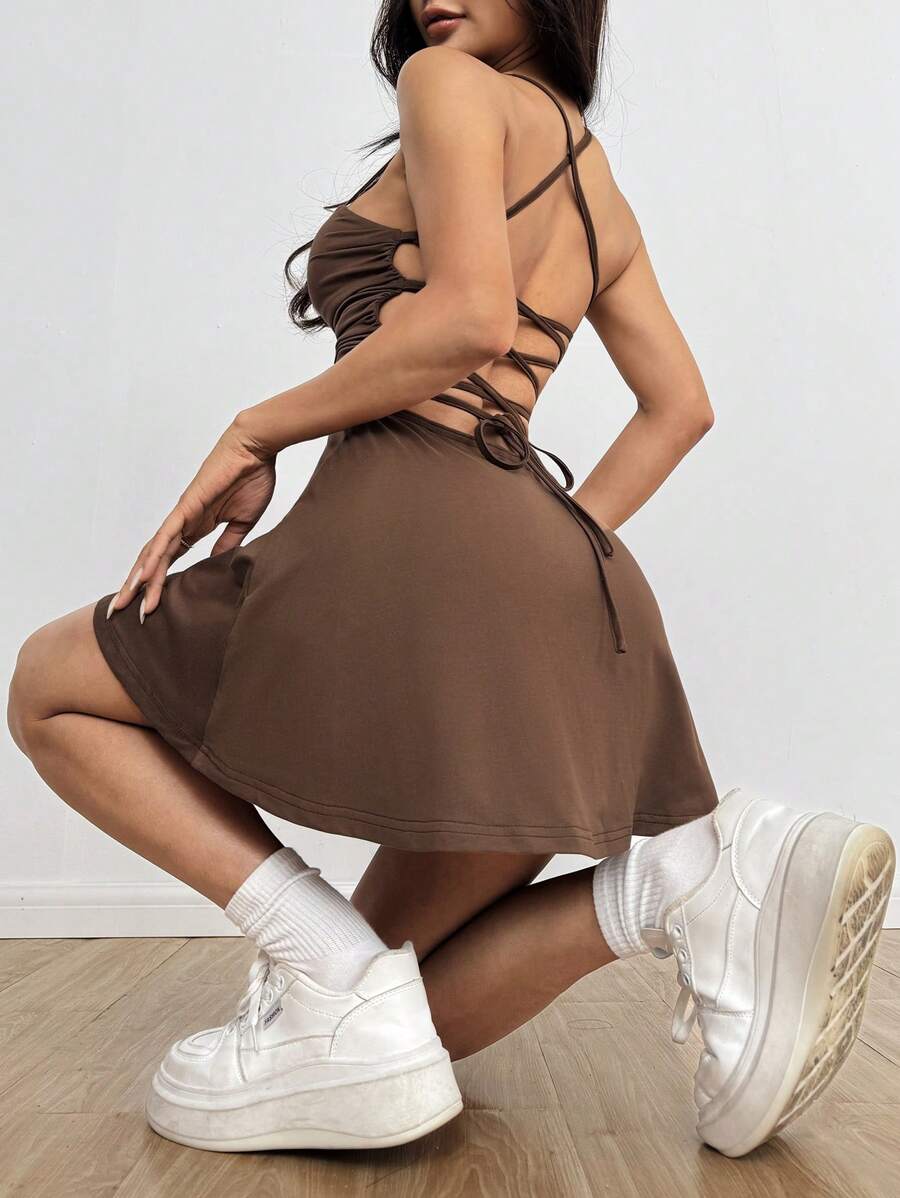 Flirla Coffee Brown Backless Cross Strap Ruched Ruched A-Line Mini Dress, Fashionable, Casual, Elegant, Sexy, Suitable For Parties, Dates, Everyday Wear, Spring/Summer - Coffee Brown - View 1