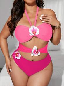 Swim Chiccia 加大码纯色简约连体泳衣，带 3D 蝴蝶兰花装饰，适合日常穿着、海滩和度假、夏季 - 彩色 - 查看 4