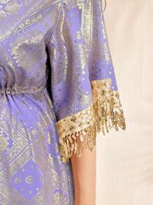 SHEIN Boho Maternity Maxi Dress: Mauve Purple Woven Fabric With Fringe Detail, Half Sleeves, And V Neck For A Flowy, Elegant Look - Mauve Purple - View 4