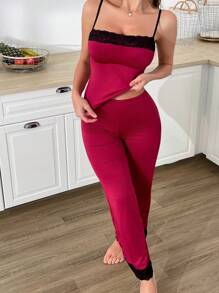 Women Lace Patchwork Camisole Top And Pants Pajama Set - Burgundy - View 3