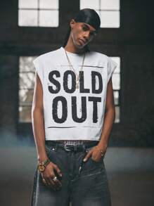 AXEPEAK 宽松男士字母印花圆领背心，街头风格 - 白色 - 查看 1