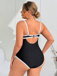 Swim Chiccia Plus Size Women One-Piece Swimsuit, Solid Color, High Stretch, High-End Feel For Hot Spring For Summer Beach Vacation - Black - View 2