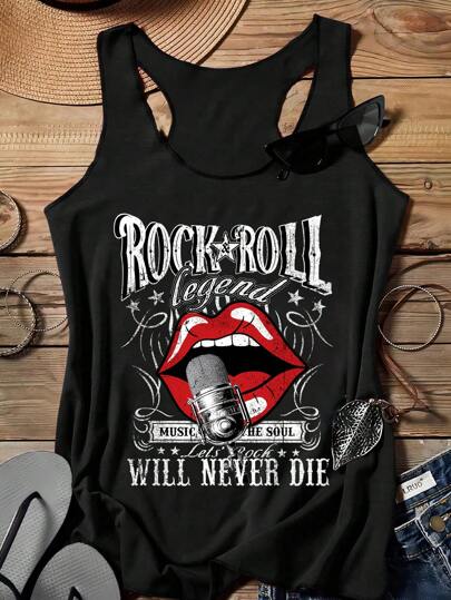 SHEIN LUNE Women's Casual Music Festival Lip Print Tank Top,Casual