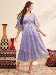 SHEIN Boho Maternity Maxi Dress: Mauve Purple Woven Fabric With Fringe Detail, Half Sleeves, And V Neck For A Flowy, Elegant Look - Mauve Purple - View 5