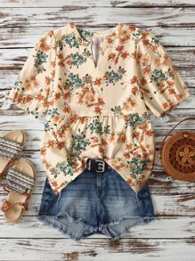 INAWLY Blusa da donna oversize con stampa casuale, scollo a V, maniche a palloncino