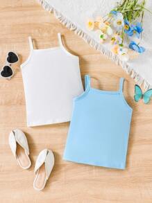 SHEIN Young Girl Fashionable Cotton-Blend Black And White 2 Packs Camisoles Suitable For Summer Basic Topssleeveless Topsbasic Topdress Topsblack And White Top - Multicolor - View 1