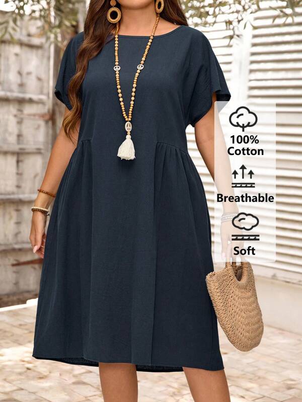 EMERY ROSE Plus Size Countryside Vacation Comfortable And Casual Raglan Sleeve Dark Blue Waist Section Split Small Pleated Large Size Short Dress Suitable For Spring And Summer Boho Women's Clothing