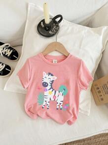 SHEIN Leap Crew ModeFlare Wear 3pcs Back To School Set, Young Girl's Casual Simple Cartoon Giraffe, Zebra, Rabbit Print Short Sleeve T-Shirts, Suitable For Summer - Multicolor - View 4