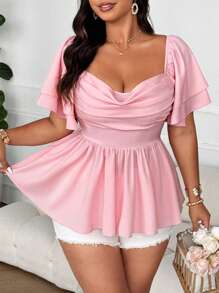 Flirla Plus Size Women's Elegant Ruched Collar Pleated A-Line Blouse, Loose Fit Ruffle Sleeve Party/Wedding Guest Vacation Vintage Shirt - Pink - View 3