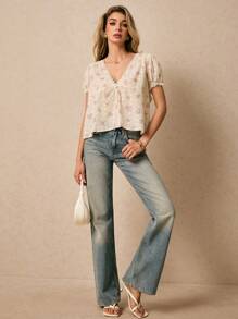 Poéselle 女士度假风刺绣泡泡袖休闲衬衫，度假女装，波西米亚风，可爱夏季上衣，外出上衣，夏季上衣 - 淡紫色 - 查看 2