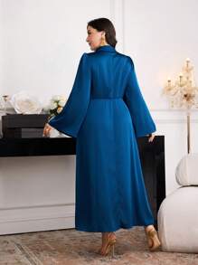 Modelyn Váy dài tay màu trơn cổ chữ V cỡ lớn, tối giản và thời trang cho mùa hè - Màu xanh lam - Xem 3