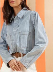 WESTFADE 领口纽扣前开春季条纹长袖宽松短款西部牛仔夹克夏季海滩休闲可爱度假 - 彩色 - 查看 2