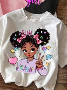 SHEIN Leap Crew Tween Girls 4 件装休闲百搭前卫卡通、心形、英文字母“NEW YORK、BOSTON”图案短袖圆领 T 恤，白色、黑色、粉色、紫色，适合夏季 - 彩色 - 查看 3