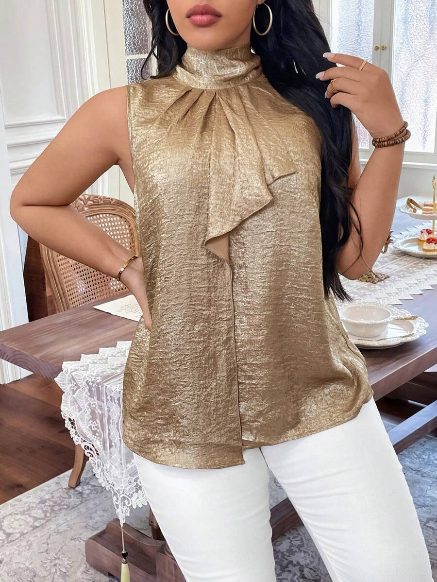 SHEIN Clasi Plus Size Women Elegant Gold Ruffle Collar Short Sleeve Shirt, Summer Sleeveless Blouse - Gold - View 1