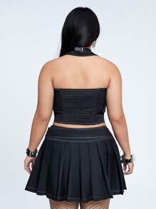 Whyspr Casual Punk Rave Plus Size Women 2pcs Set Sexy Cross Strap Tank Top And Pleated Skirt - Black - View 2