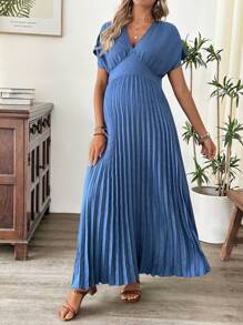 SHEIN Maternity V-Neck Bat Sleeve Pleated Hem Dress, Fitted - Blue - View 4