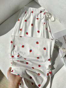 SHEIN Unity 女士休闲直筒裤，草莓印花，柔软垂坠，甜美度假风，学院风 - 白色 - 查看 1