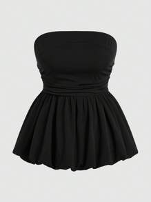 Sweetra Top entallado con volantes en el bajo, sin tirantes, para talla grande, para vacaciones de primavera y verano - Negro - Ver 1