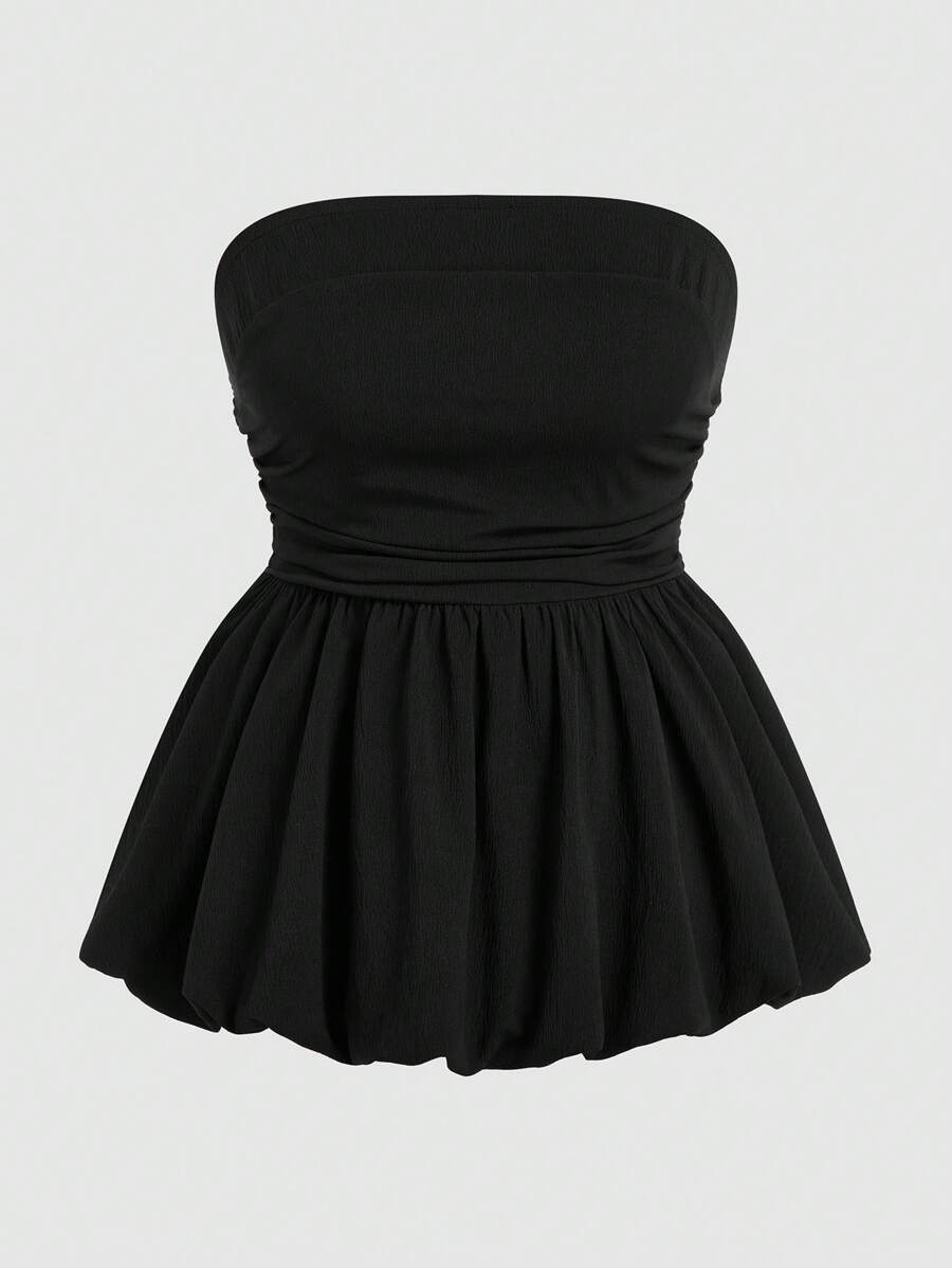 Sweetra Top entallado con volantes en el bajo, sin tirantes, para talla grande, para vacaciones de primavera y verano - Negro - Ver 1