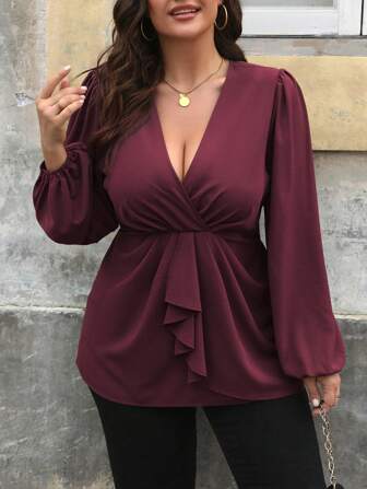 Vionelle Camicetta elegante francese casual per pendolari o vacanze, per donna taglie forti, scollo a V, maniche a lanterna, vita arricciata, orlo con volant, manica lunga decorativa, stile peplum per primavera/autunno/inverno