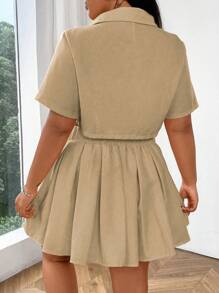 Flirla Plus Size 2 Pieces Set: Solid Color Short Sleeve Shirt Top And Mini Skirt - Khaki - View 2