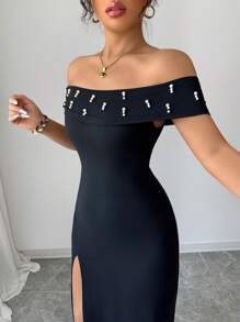 Chiquease Women Off Shoulder Solid Color Dress, Simple & Fashionable, Suitable For Summer - Black - View 3