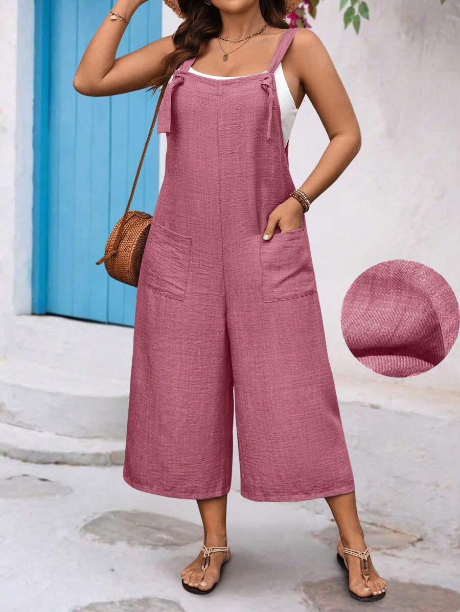 EMERY ROSE Plus Size Women Drawstring Pocket Decor Straight-Leg Jumpsuit - Pink - View 1