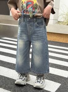 SHEIN Little Byeori 年轻男孩口袋宽松阔腿休闲百搭牛仔裤 - 中等水洗藍 - 查看 4