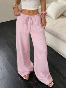 Flirla Damen einfarbige Hosen mit Taillenbindung und Taschen, weites Bein