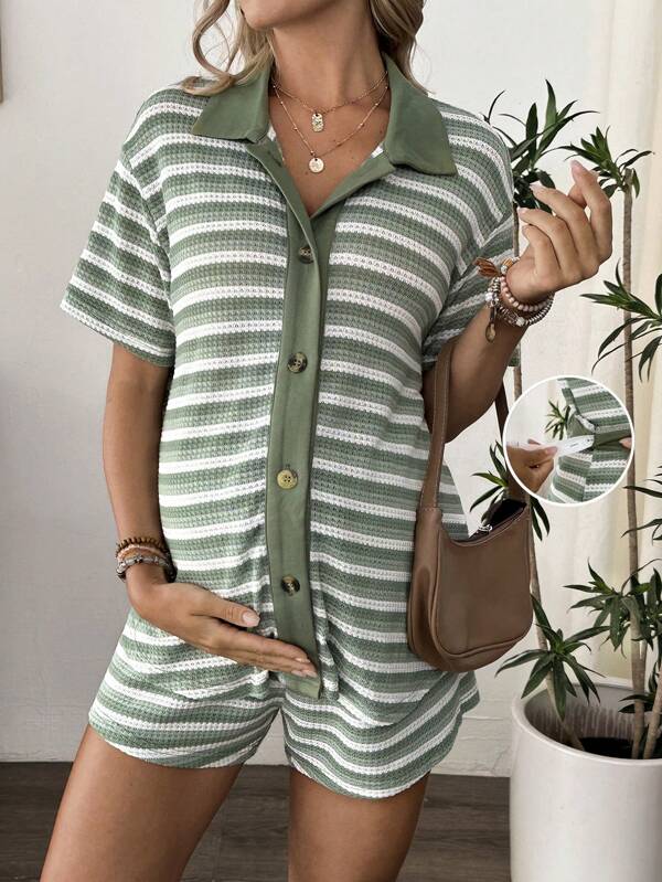 SHEIN 2pcs/Set Pregnant Women Gradient Striped Shirt & Elastic Waist Band Shorts Set