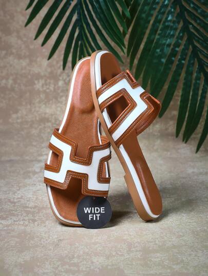 SHUZIA LuxeEssentials Wide Fit Women's Camel White Slides French Riviera-Inspired Architectural Cutout For Resort Nights To Metro Chic Mother's Day Present For Christmas Valentine's Day