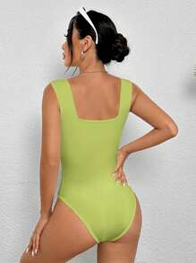SHEIN PETITE Women's Casual Green Sleeveless Square Neck Bodysuit: Backless Design For Effortless Summer Style - Green - View 2