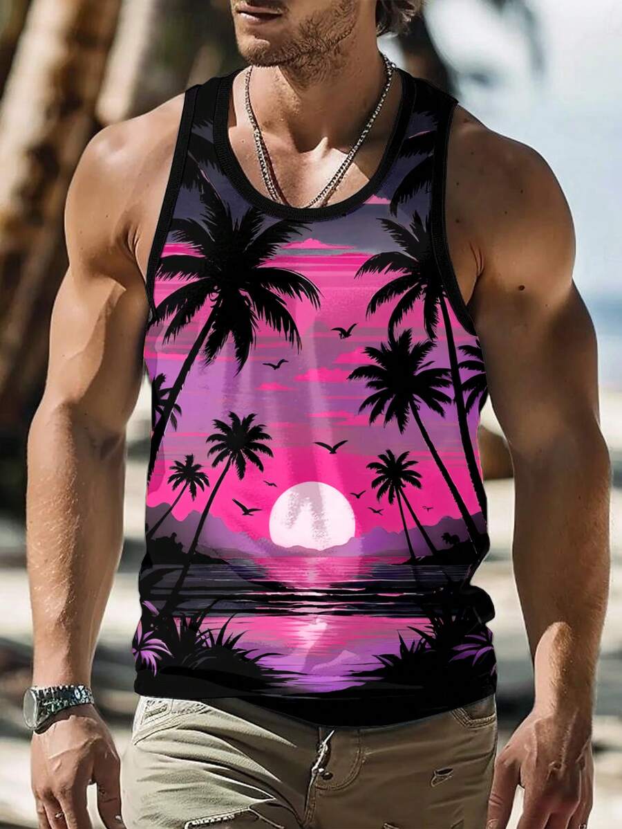 Manfinity RSRT Men's Palm Tree Printing Round Neck Casual Tank Top, Men Tank Tops Beach, Graphic Tees Men Sleeveless, Men Pink Graphic Tank - Multicolor - View 1