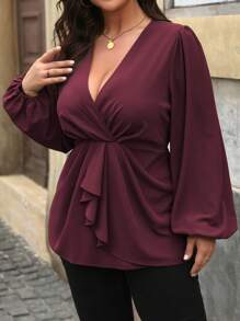 Vionelle Plus Size Women's French Elegant Commuter Casual Vacation V-Neck Lantern Sleeve Gathered Waist Twist Ruffle Hem Decorative Long Sleeve Blouse, Spring/Autumn/Winter Peplum Top Fall Cloth For Women