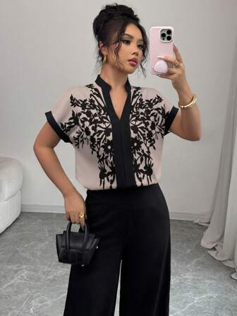 Breezaya Apricot Black Vacation Print Drop Shoulder Women Blouse