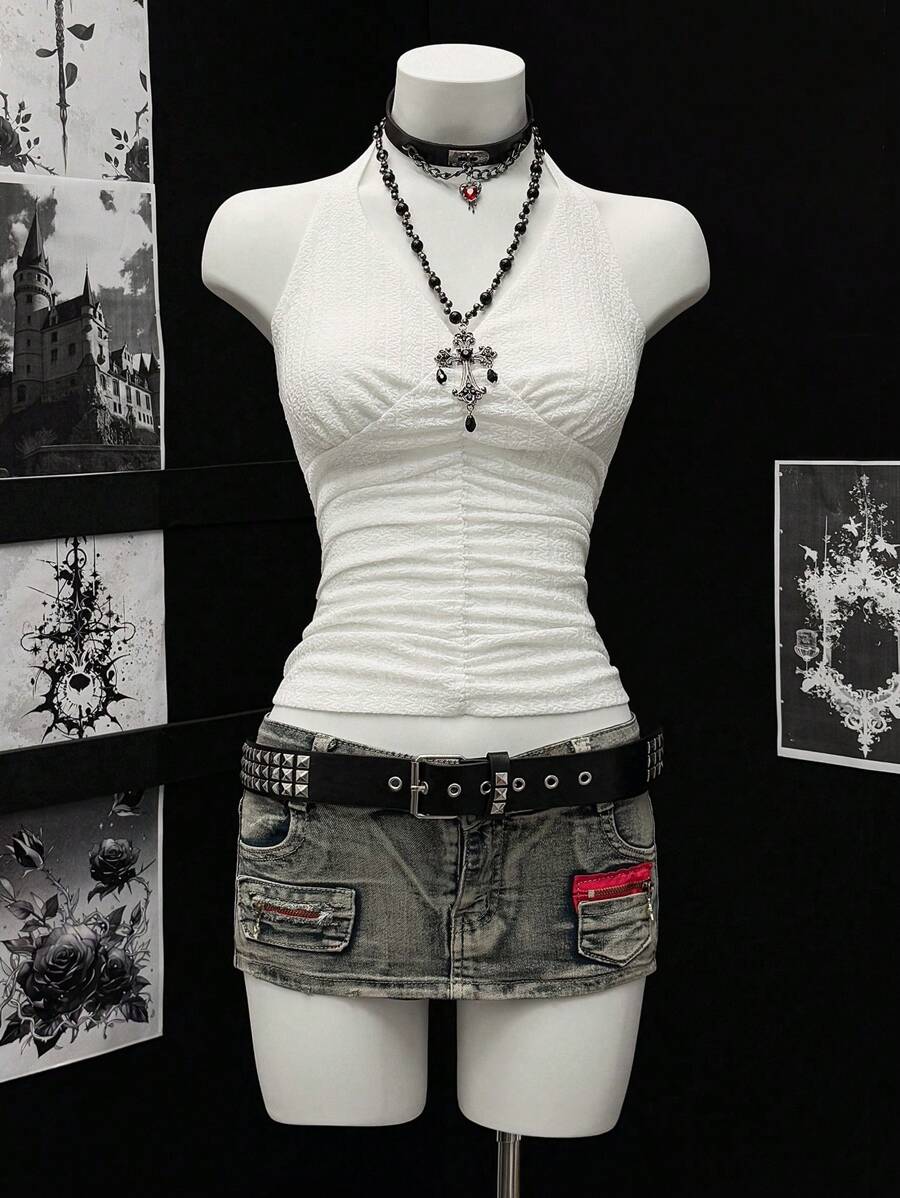 EgrlEra 性感 V 领细肩带吊带背心，褶饰修身短款吊带背心，女式