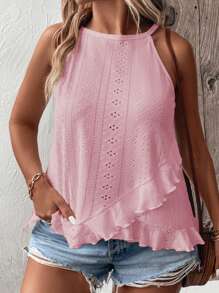 SHEIN Plus Size Women Leisure Print & Embroidery Ruffle Trim Halter Neck Camisole - Pink - View 3