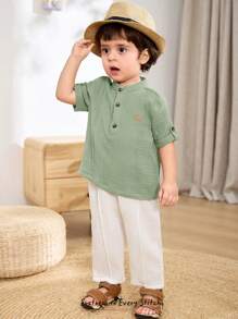 Cozy Pixies 2pcs Baby Boy Solid Color Stand Collar Short Sleeve Half-Zip Top With Decorative Stitching, Elastic Waist Pants, Summer Casual Set
