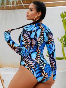 Swim SPRTY Traje de baño de una pieza con cremallera frontal y estampado aleatorio de manga larga para mujer de talla grande, traje ajustado para playa, vacaciones y natación