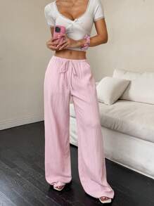 Flirla Damen einfarbige Hosen mit Taillenbindung und Taschen, weites Bein