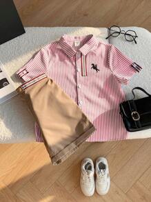 SHEIN Leap Crew 2pcs/Set Casual Collegiate Striped Turndown Collar Short Sleeve Shirt & Khaki Woven Shorts,Summer,Career Day,Back-To-School Sports Outfits For Boys - Red and White - View 7