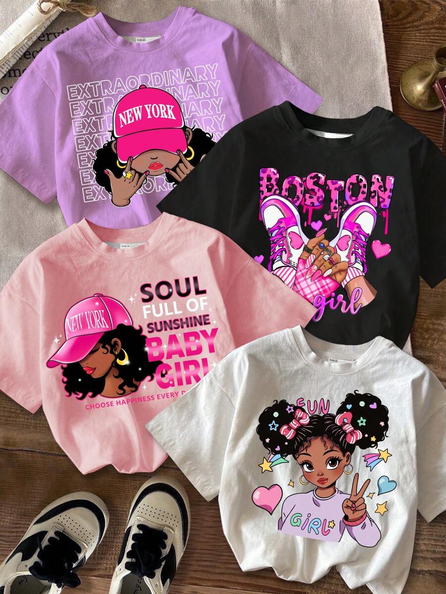 SHEIN Leap Crew Tween Girls 4 件装休闲百搭前卫卡通、心形、英文字母“NEW YORK、BOSTON”图案短袖圆领 T 恤，白色、黑色、粉色、紫色，适合夏季 - 彩色 - 查看 1