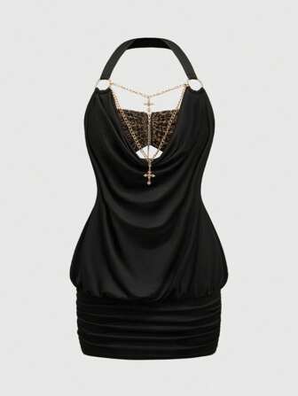 Kawaii Plus Size Y2K Draped Neck 2 In 1 Tight Mini Dress
