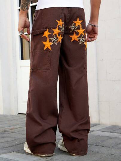 Street Life Pantalones vaqueros de mezclilla casual diaria con bordado de estrella para hombres