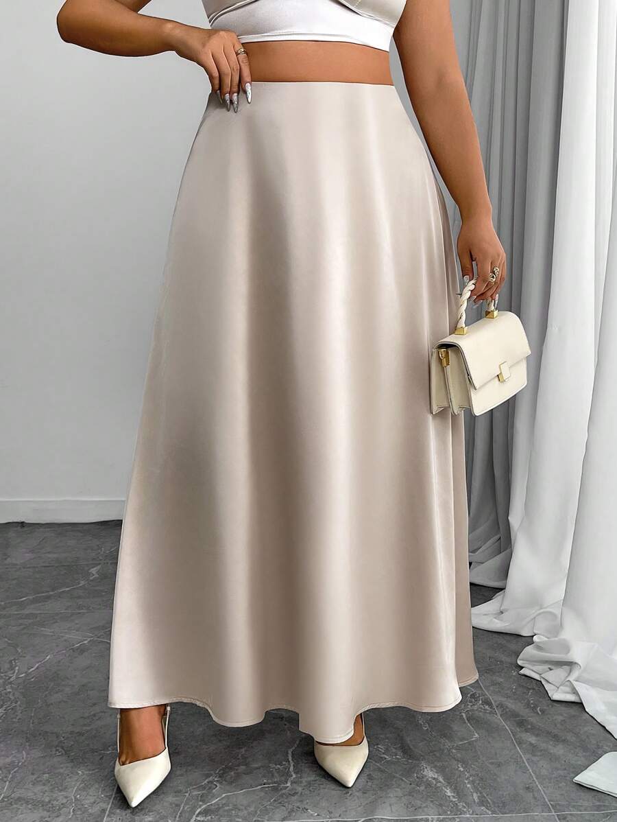 Elenzga Plus Size Elegant Solid Color Long Skirt, Work Appropriate - Apricot - View 1