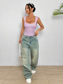 SHEIN PETITE Women's Mauve Purple Square Neck Sleeveless Bodysuit: Casual And Backless Style - Mauve Purple - View 4