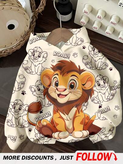 SHEIN Baby Boy Casual Loose Comfortable Cartoon Lion Print Soft Knit Hooded Pullover Sweatshirt, Suitable For Autumn/Winter