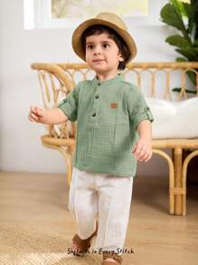 Cozy Pixies 2pcs Baby Boy Solid Color Stand Collar Short Sleeve Half-Zip Top With Decorative Stitching, Elastic Waist Pants, Summer Casual Set