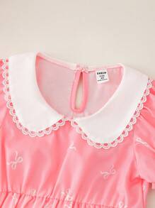 Girls' Sweet Butterfly Print Puff Sleeve Colorblock Spring Dress With Bow Design, & Elegant For Summer, Young Girl Formal Dress